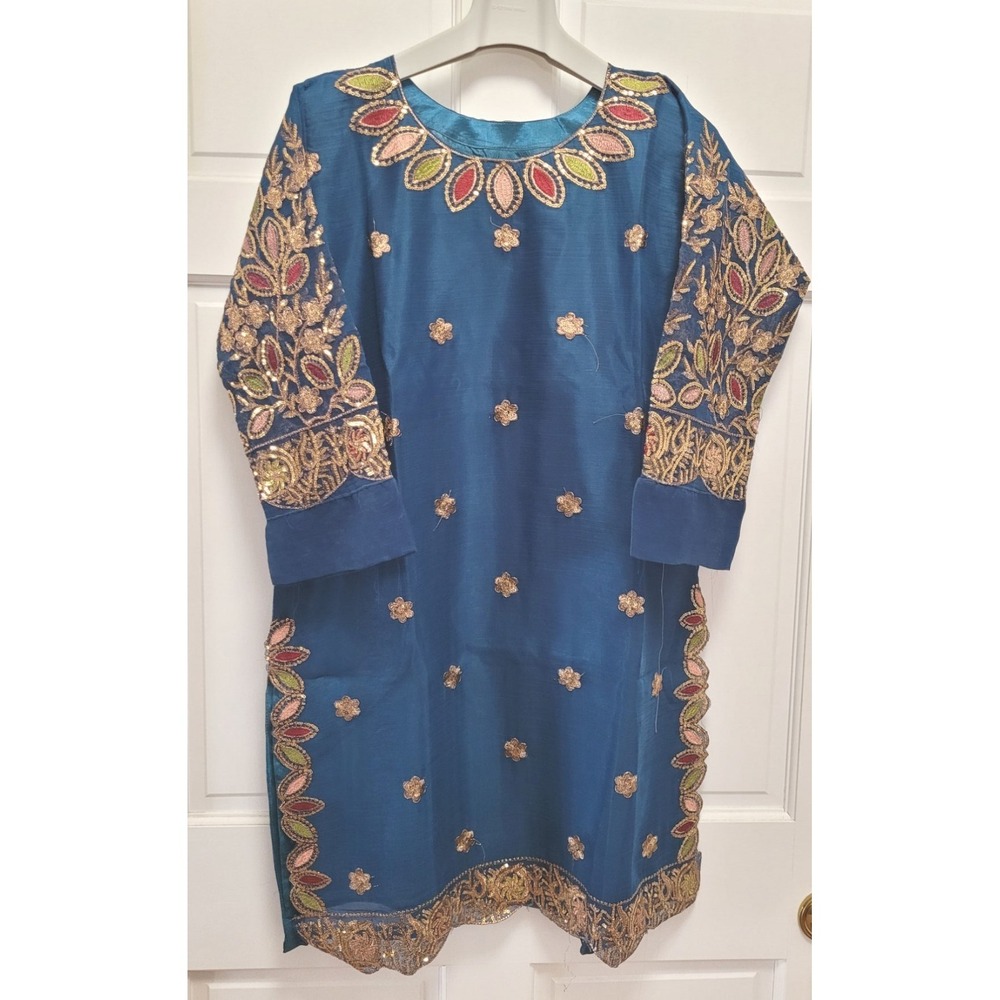 3pc Embroidered Sequin Silk Chiffon Salwar Kameez & Dupatta - Teal Blue - Medium